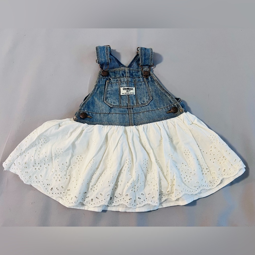 Vtg Osh Kosh Girl Bib Overalls Denim Dress Jumper White Eyelet Lace Sz 9-12 Mths